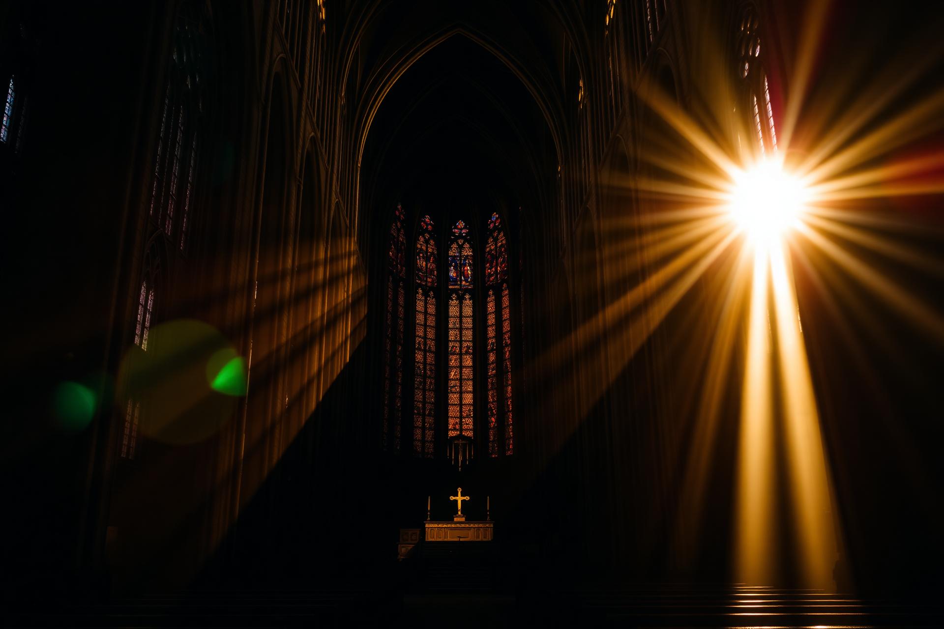 Cathedral interior with golden light rays